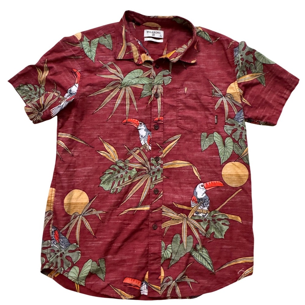 Billabong‎ Mens Toucan Tropical Print Short Sleeve Stretch Button Down Shirt S